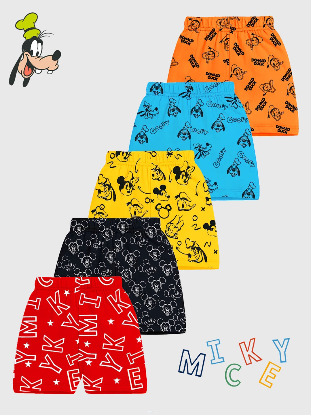 KUCHIPOO Infant Boys Pack Of 5 Mid-Rise Mickey & Friends Printed Shorts