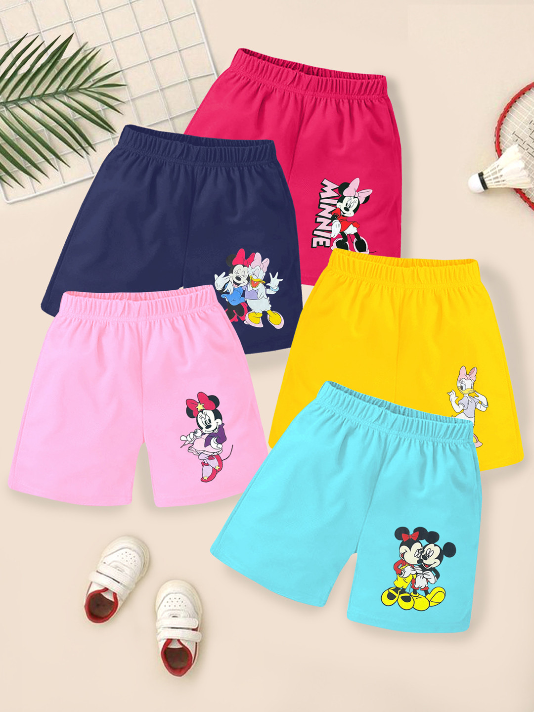 KUCHIPOO Infant Girls Pack Of 5 Mid-Rise Minnie & Daisy Printed Shorts