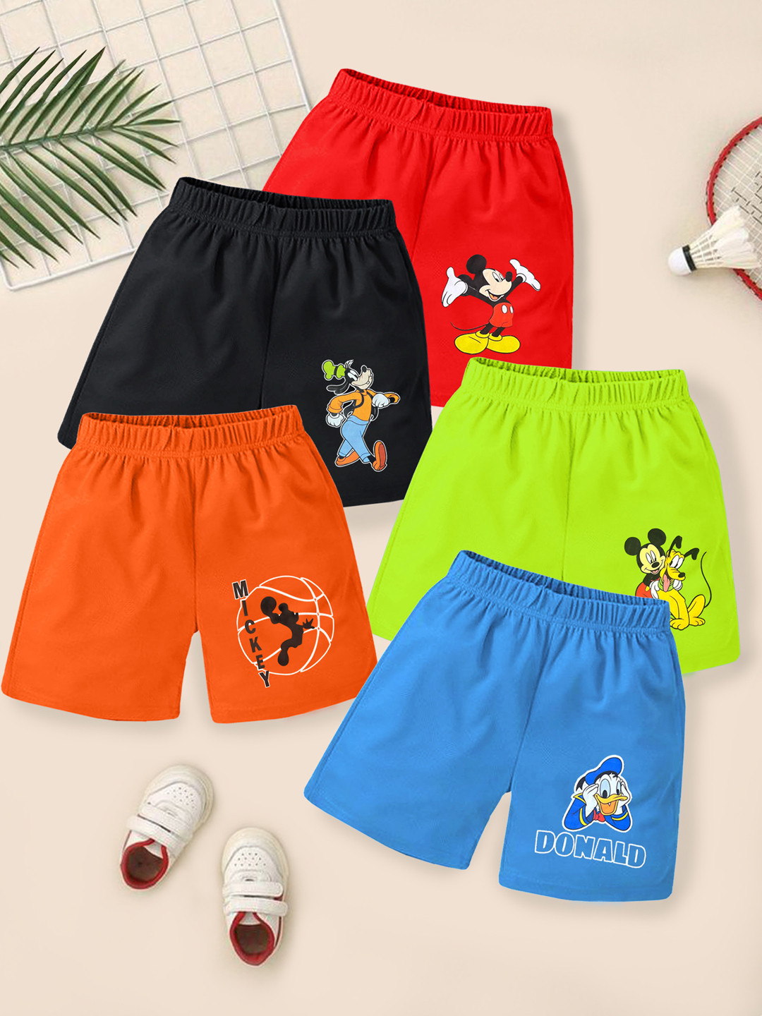 KUCHIPOO Infant Boys Pack Of 5 Mid-Rise Mickey & Friends Printed Shorts