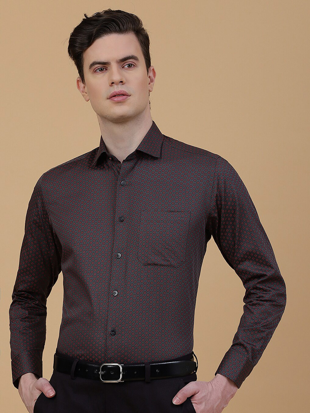 METAL Micro Ditsy Printed Spread Collar Long Sleeves Slim Fit Cotton Formal Shirt