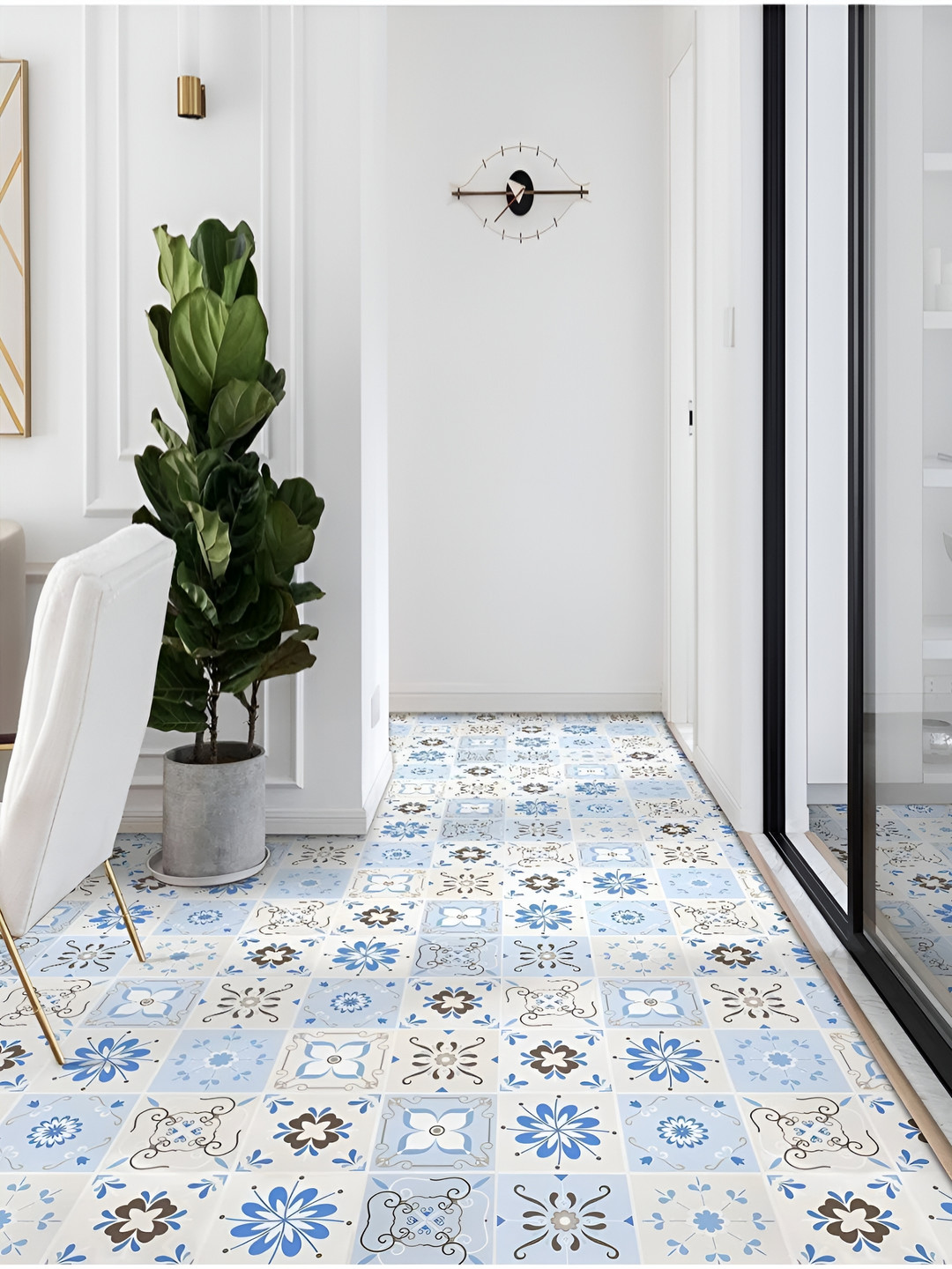 Asian royal Blue & Beige Floral Pattern Waterproof Self-Adhesive Floor Wallpaper