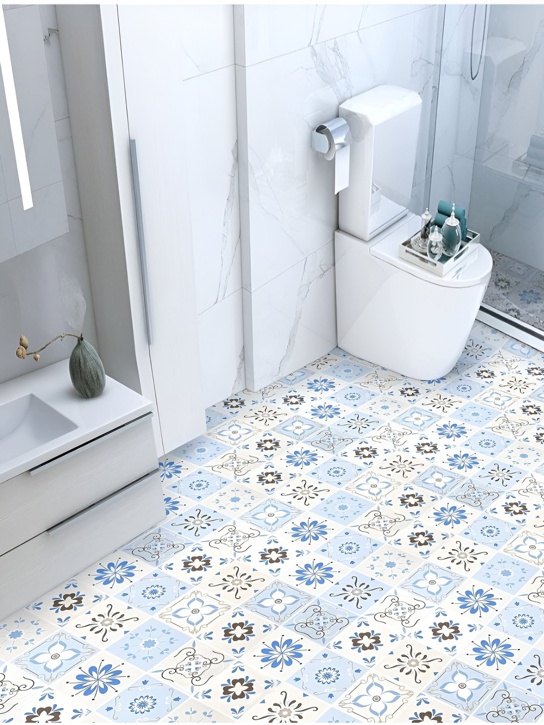 Asian royal Blue & Grey Mosiac Design Printed Self Adhesive Floor Wallpaper