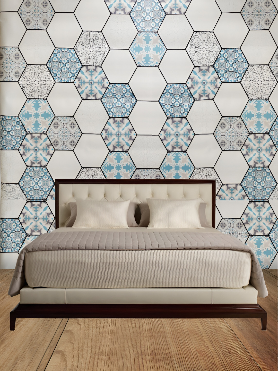 Asian royal Blue & Beige Geometric Pattern Waterproof Self-Adhesive Floor Wallpaper