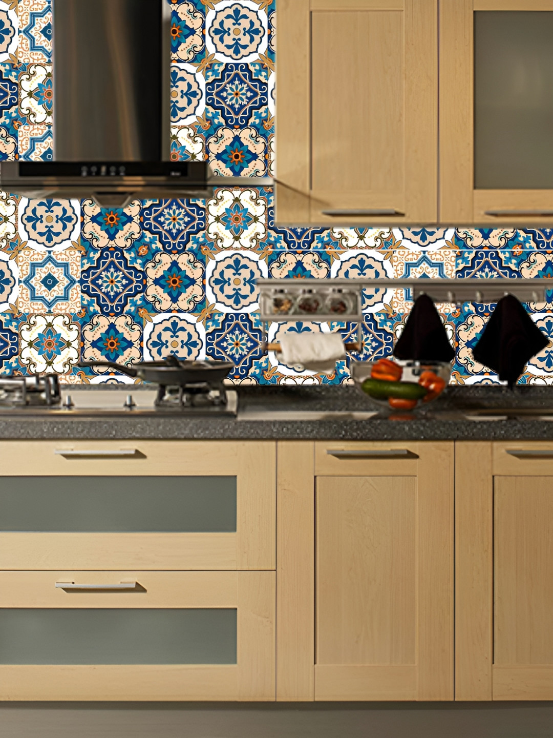 Asian royal Blue & Beige Floral Pattern Waterproof Self-Adhesive Floor Wallpaper