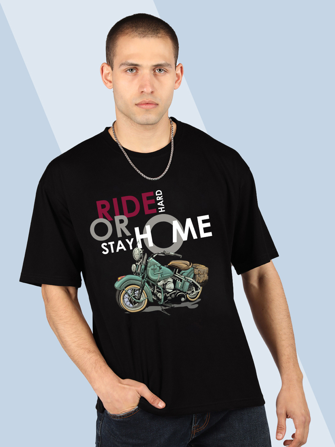 CHKOKKO Biker Printed Round Neck Short Sleeves Cotton Oversized T-shirt