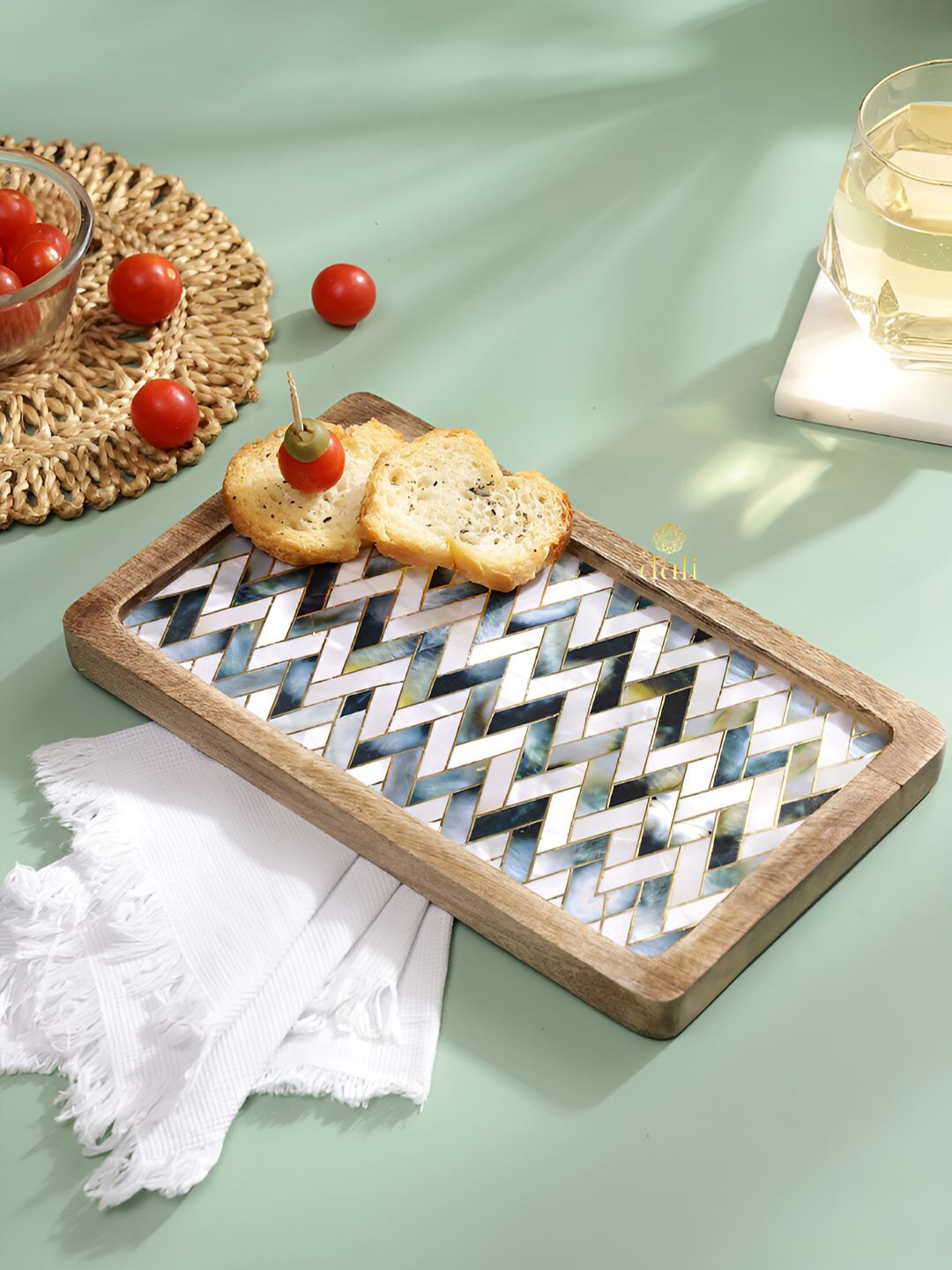 DULI White & Blue Printed Mango Wood Enamel Coated Serving Tray