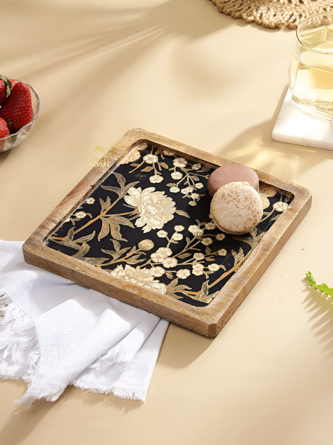 DULI Brown & Black Printed Mango Wood Enamel Coated Square Serving Tray
