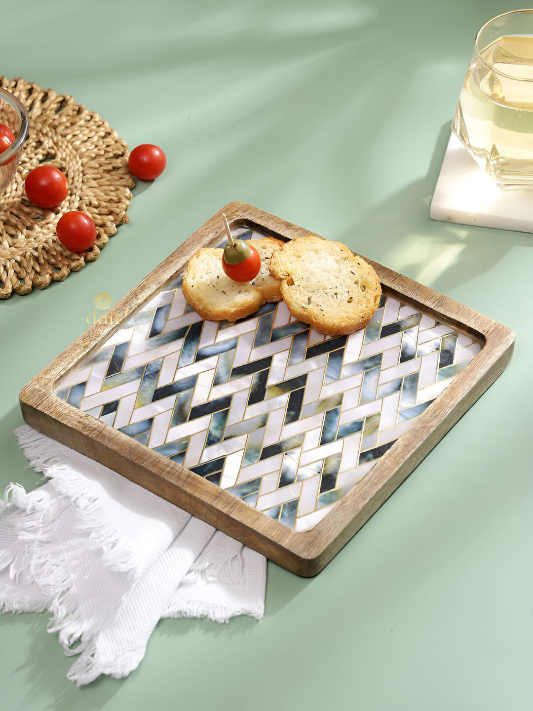 DULI White Printed Mango Wood Enamel Coated Square Serving Tray
