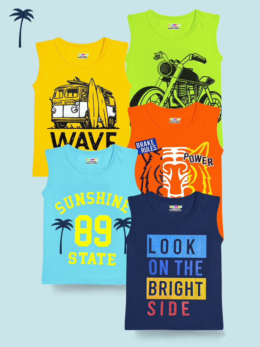 KUCHIPOO Kids Pack of 5 Round Neck Sleeveless Graphic Printed Cotton Regular Fit T-shirts