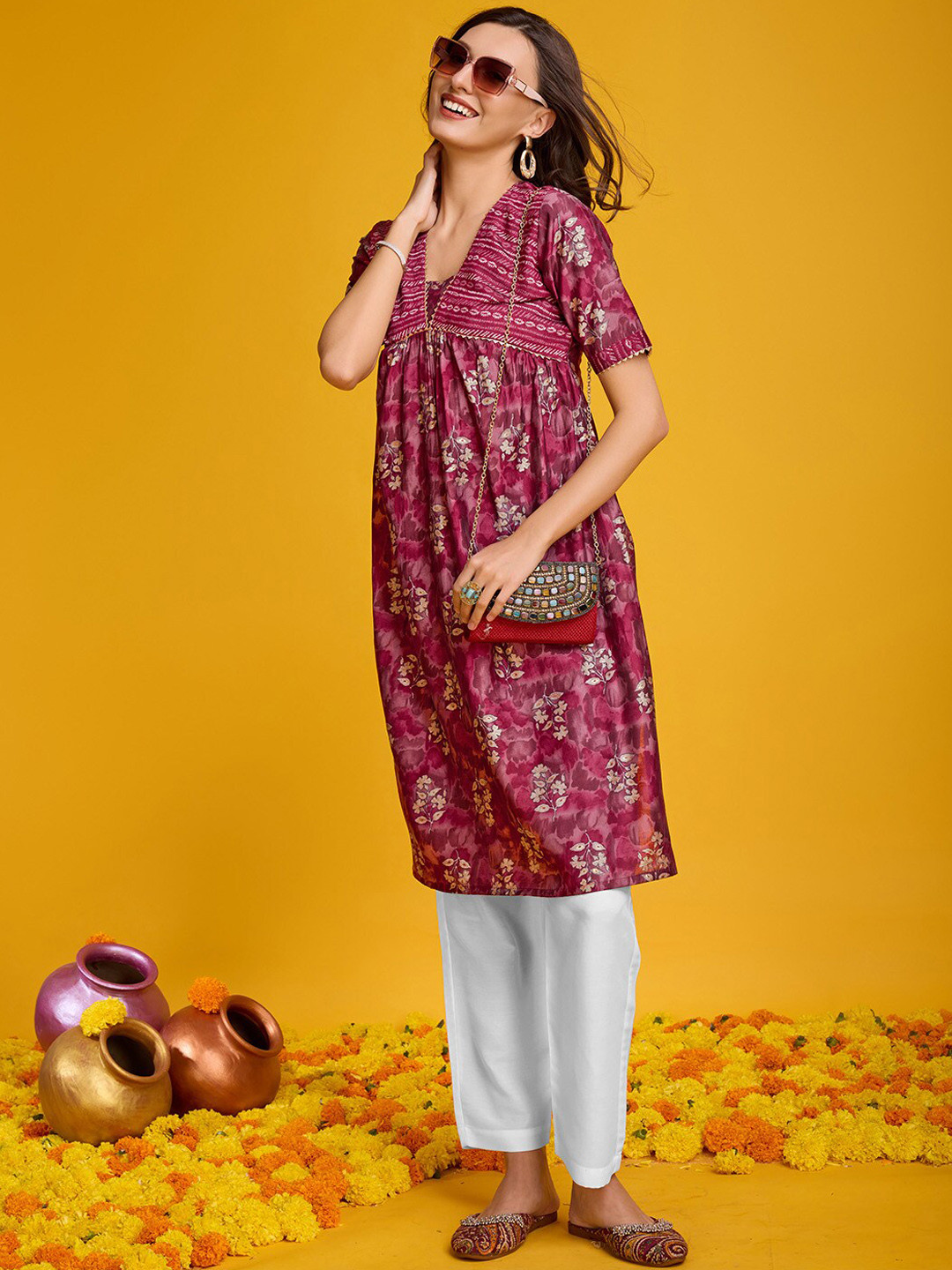 Ishin Floral Printed Short Sleeves Chanderi Silk Kurta