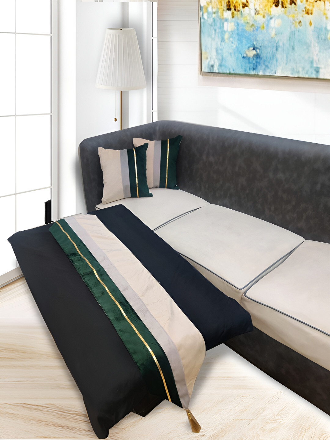 Good Vibes Green & White 3 Pieces Printed Square Cushion Covers and Table Runner