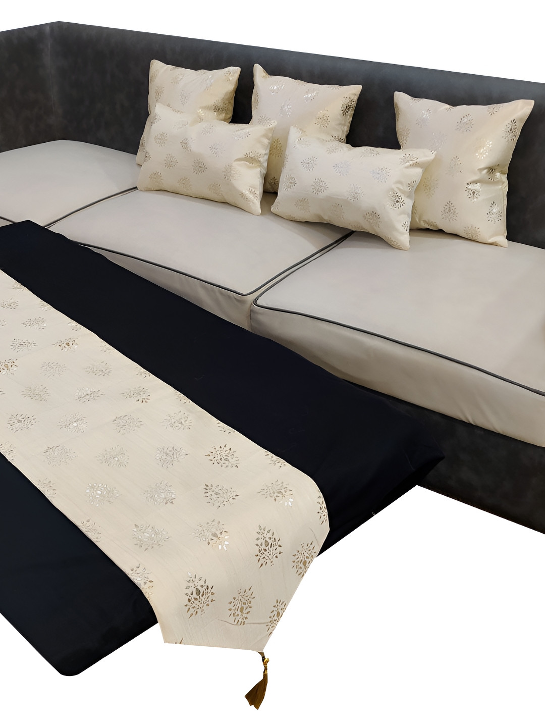 Good Vibes Cream 6 Pieces Printed Square Cushion Covers and Table Runner