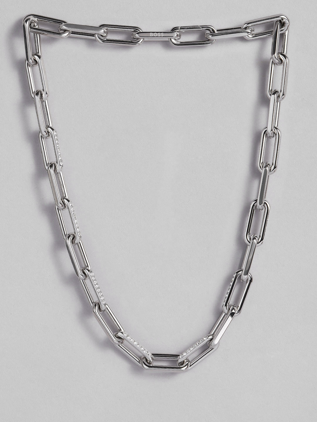 BOSS Halia Brass-Plated Chainlink Design Crystal Studded Necklace