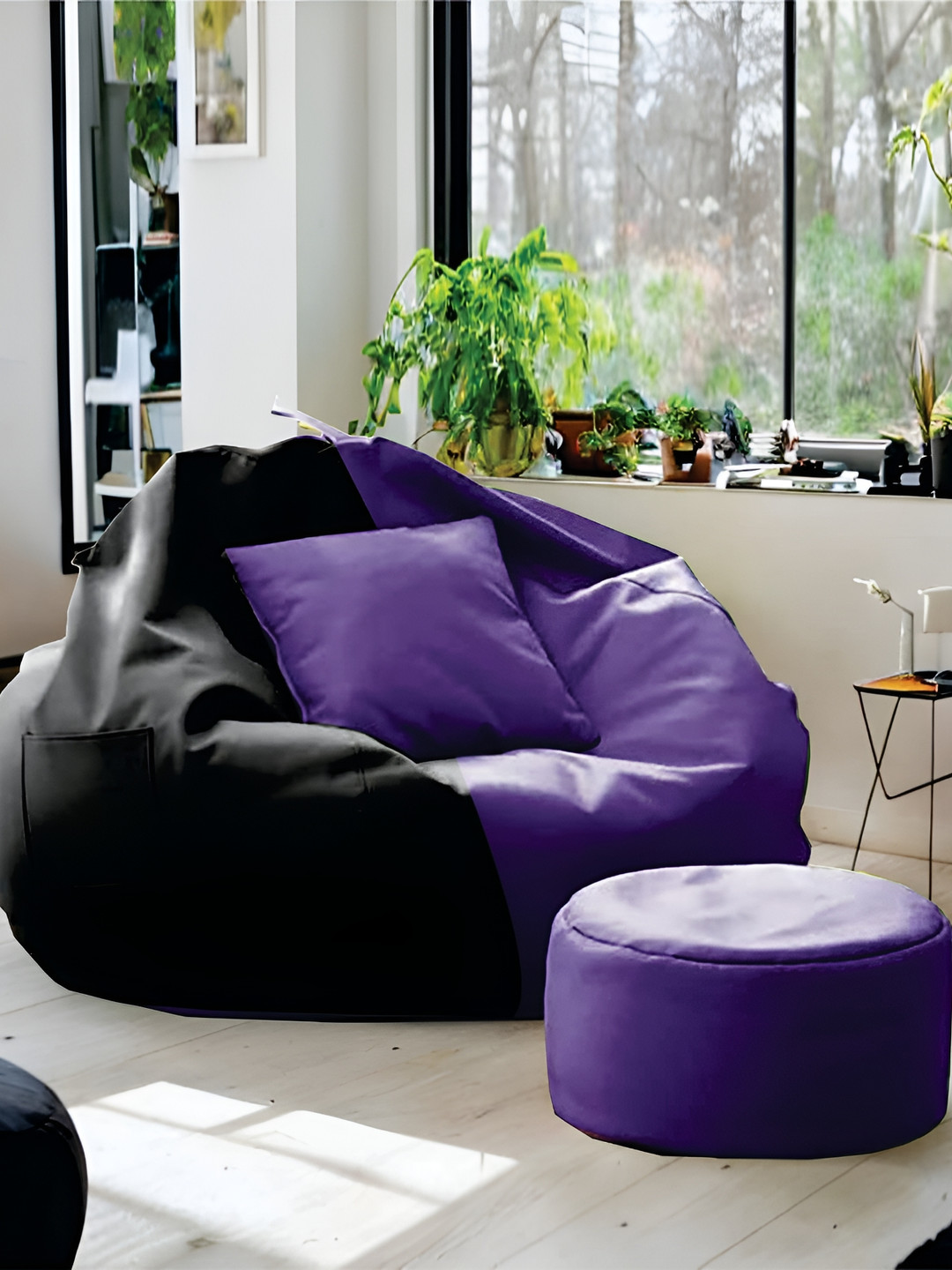 SHIRA 24 Purple & Black 3 Pieces Colorblock Bean Bag Footrest & Cushion Covers