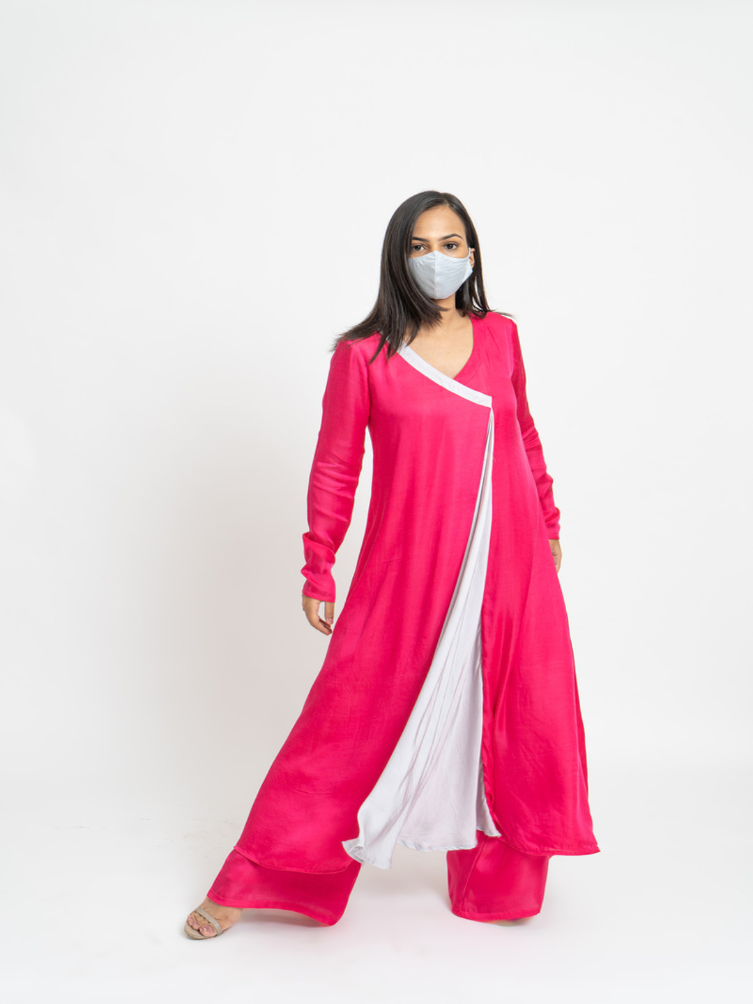 Neora V-Neck Raw Silk Angrakha Kurta Set