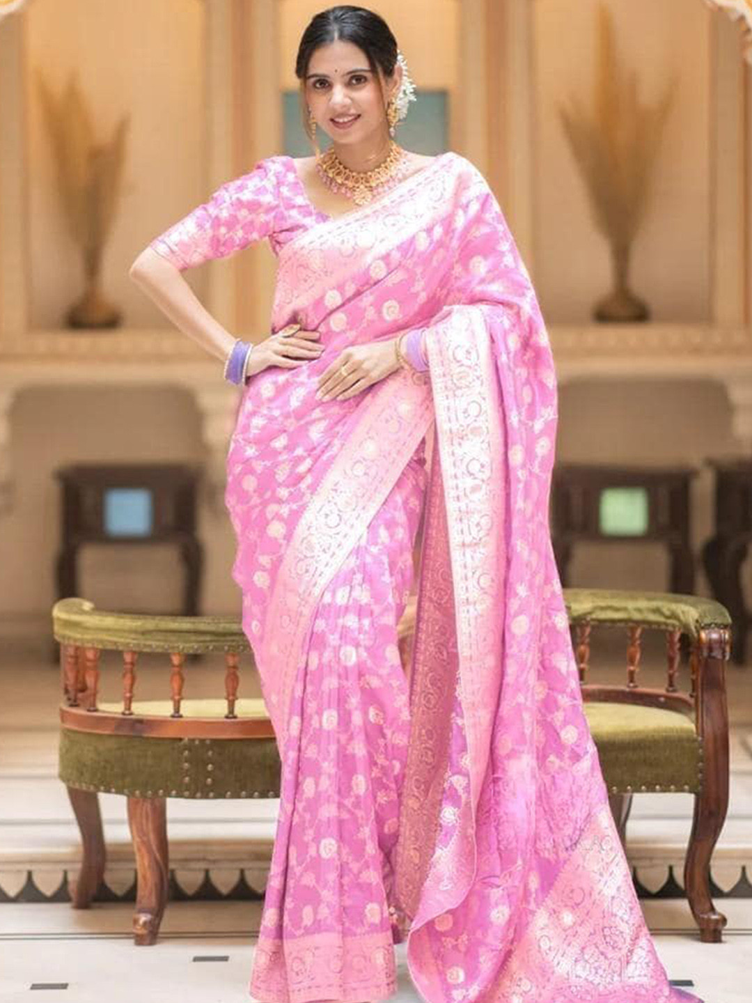 S.K.C Woven-Design Saree With Blouse Piece