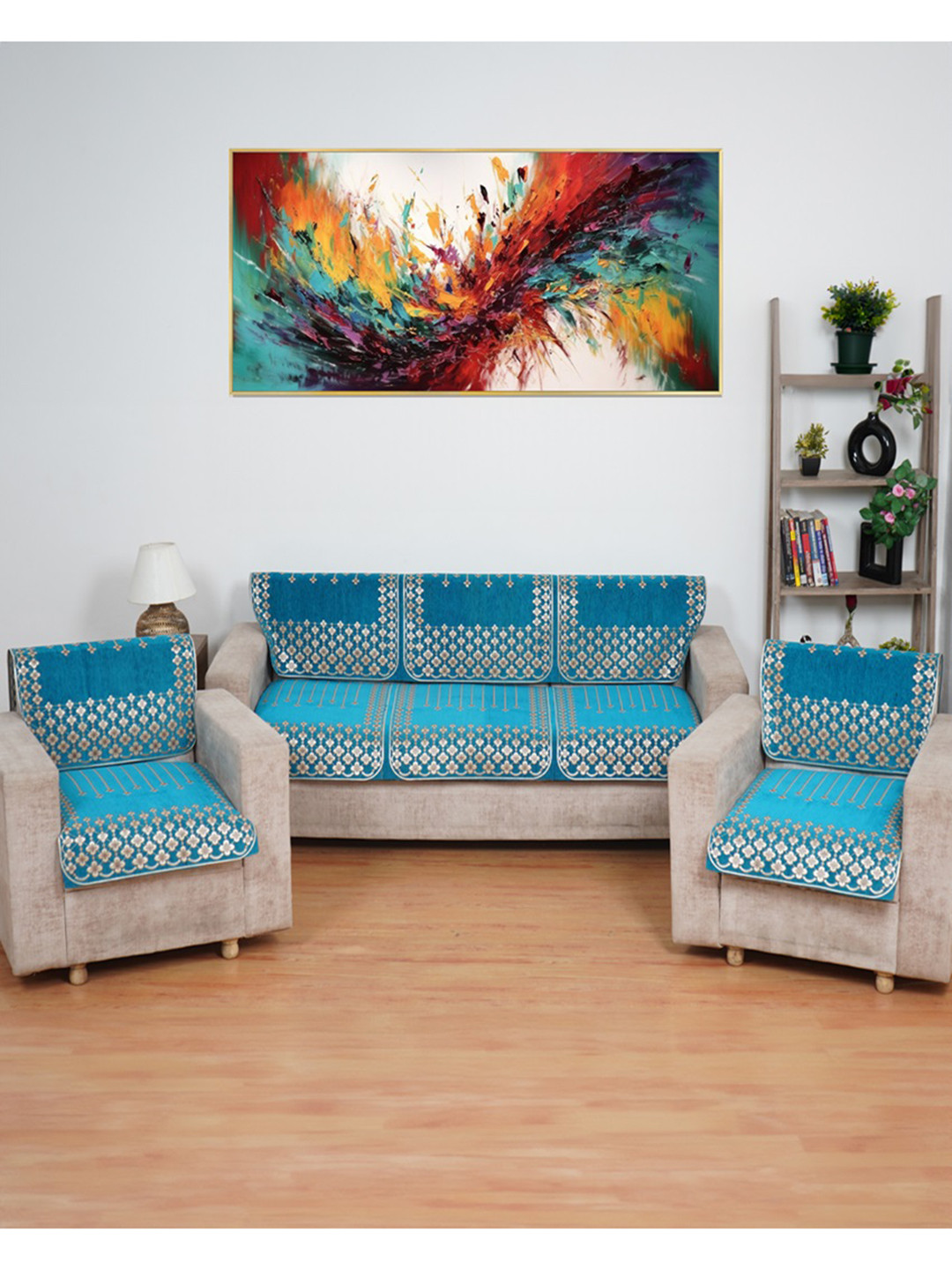 MORADO Blue Floral Chenille Washable 6PC Straight 5 Seater Sofa Cover-27x23In