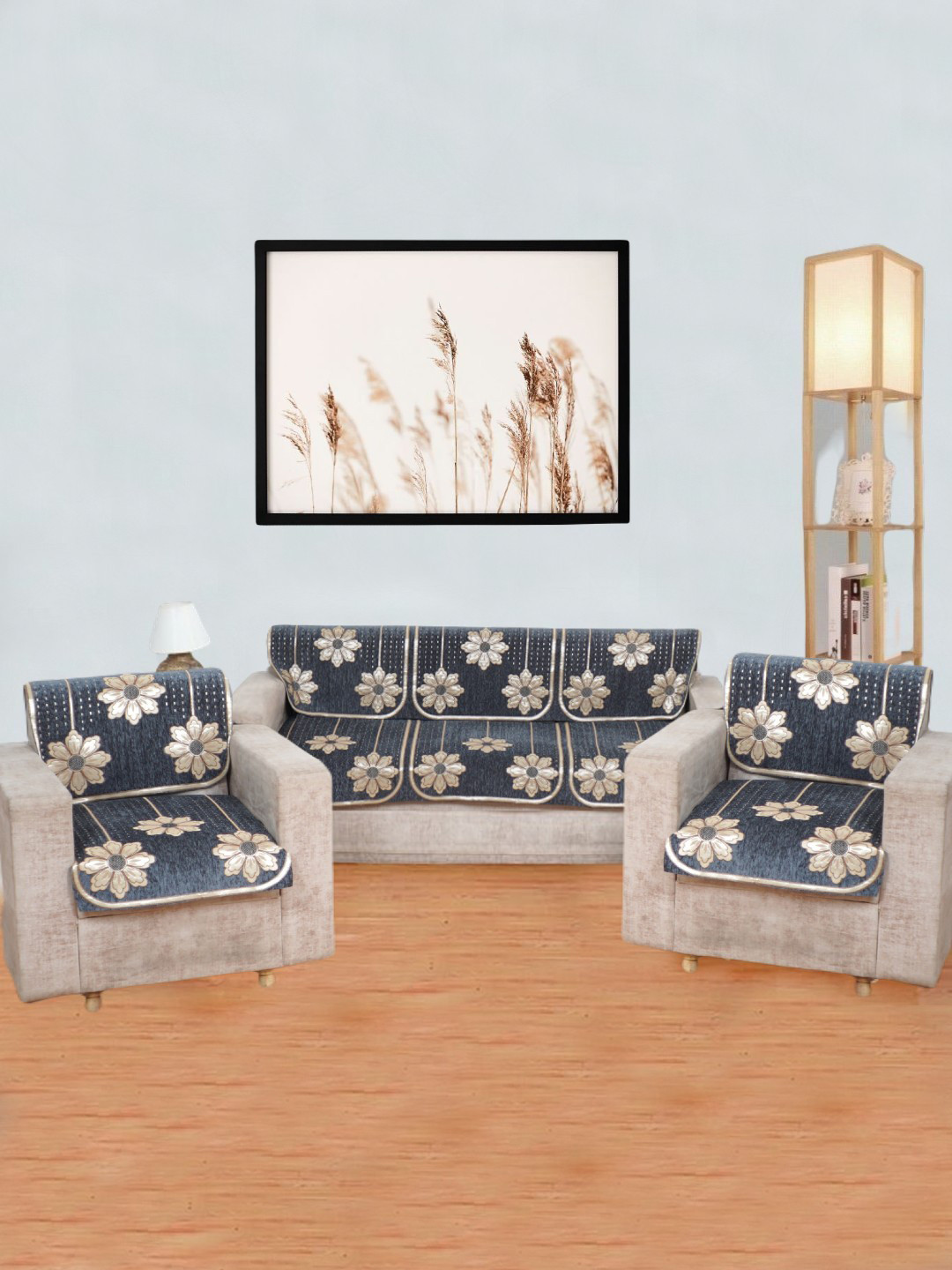 MORADO Grey & Gold-Toned 10 Pieces Printed 5 Seater Sofa Cover