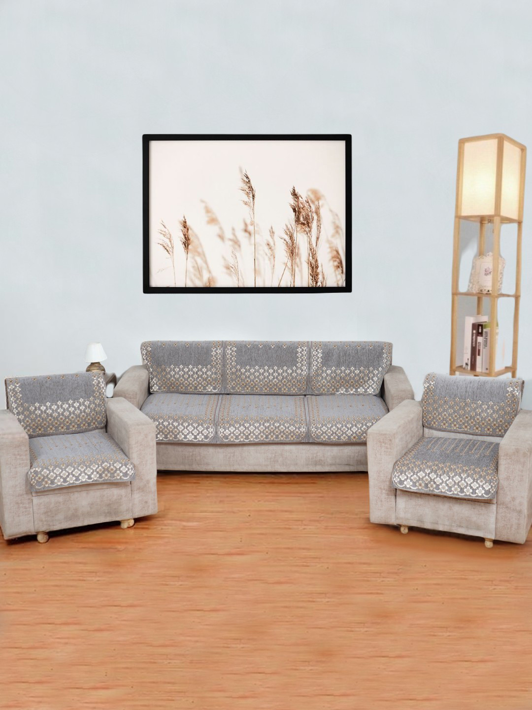 MORADO Grey & Brown 6 Pieces Self Design Sofa Covers