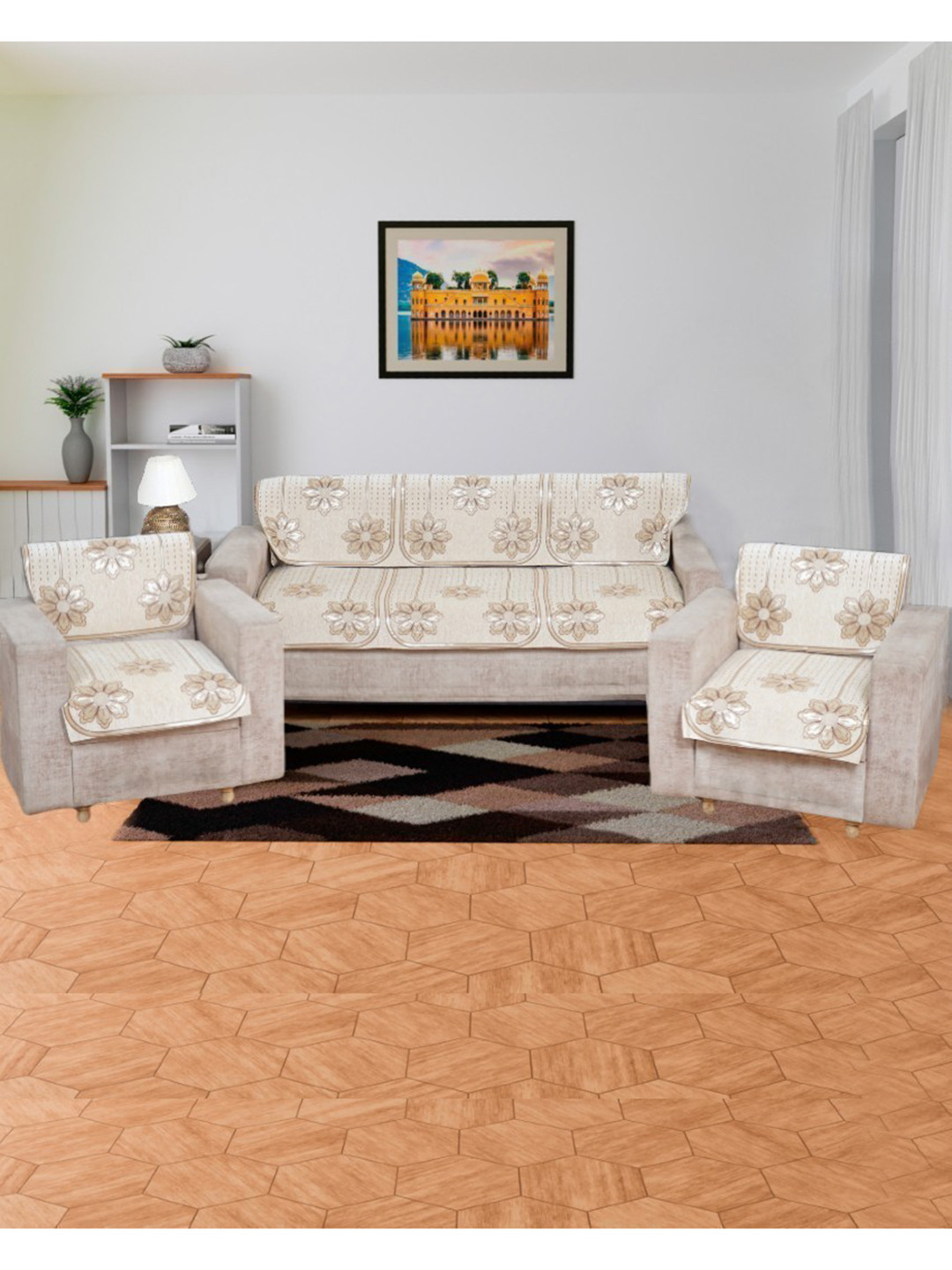 MORADO Off White 10 Pieces Printed 5 Seater Sofa Cover