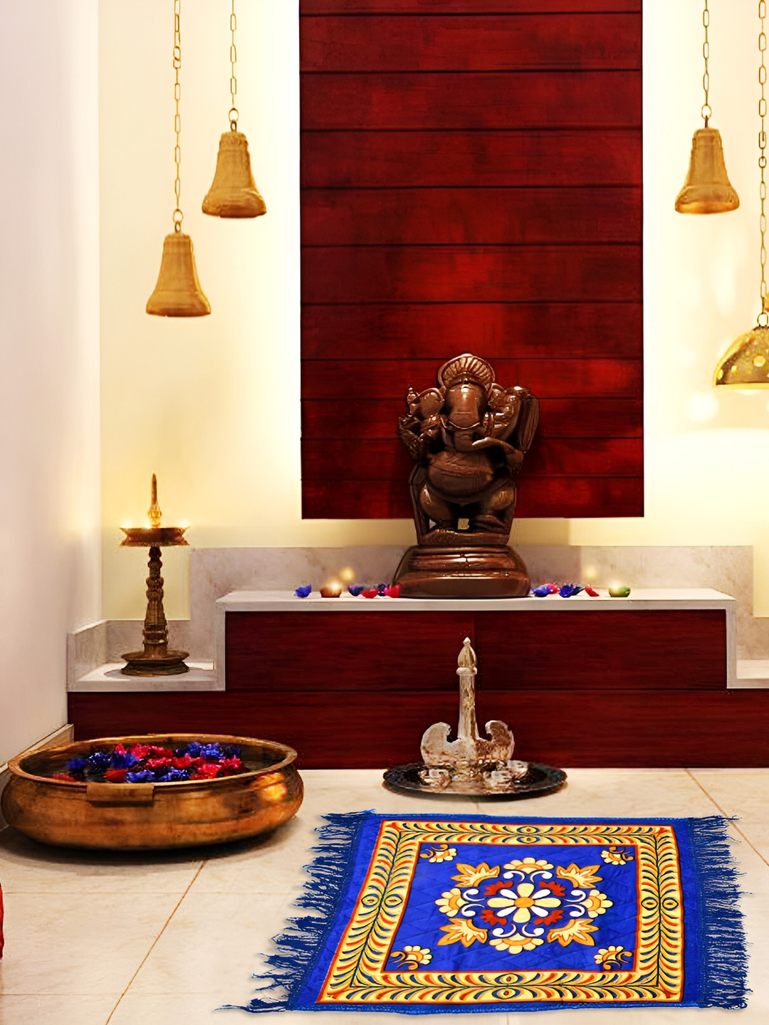 RRC Blue & Yellow Floral Printed Velvet Pooja Asan Mat