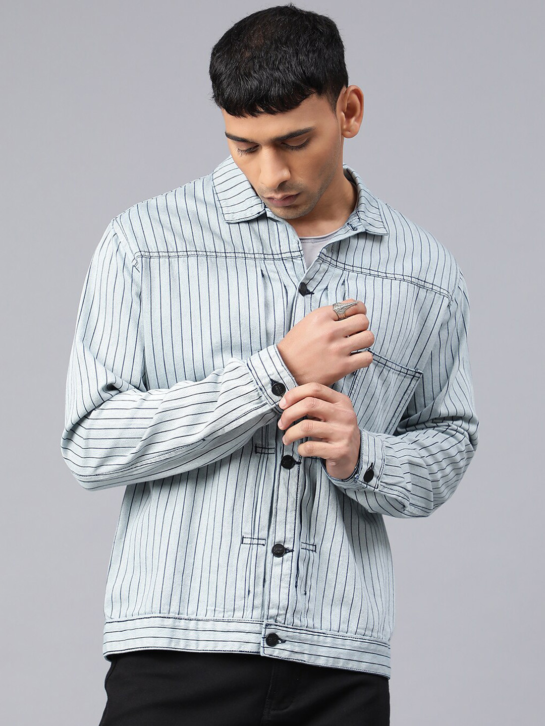 Code 61 Striped Pure Cotton Denim Jacket