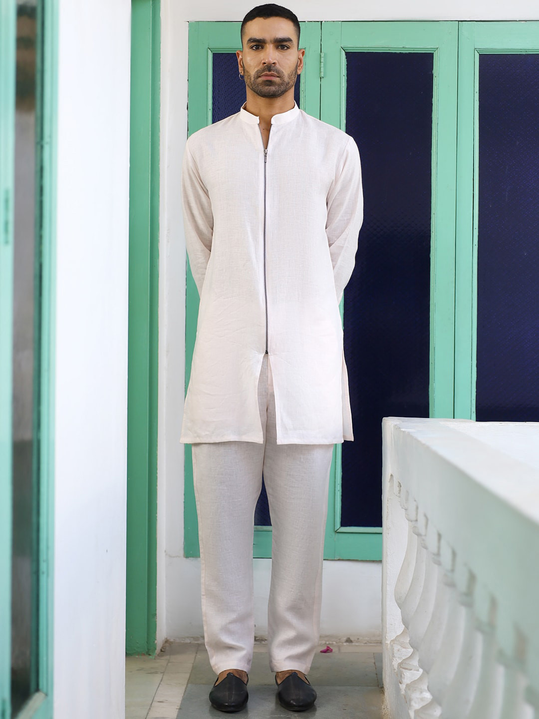 KALPRAAG Jeeva Mandarin Collar Pure Linen Kurta With Trousers
