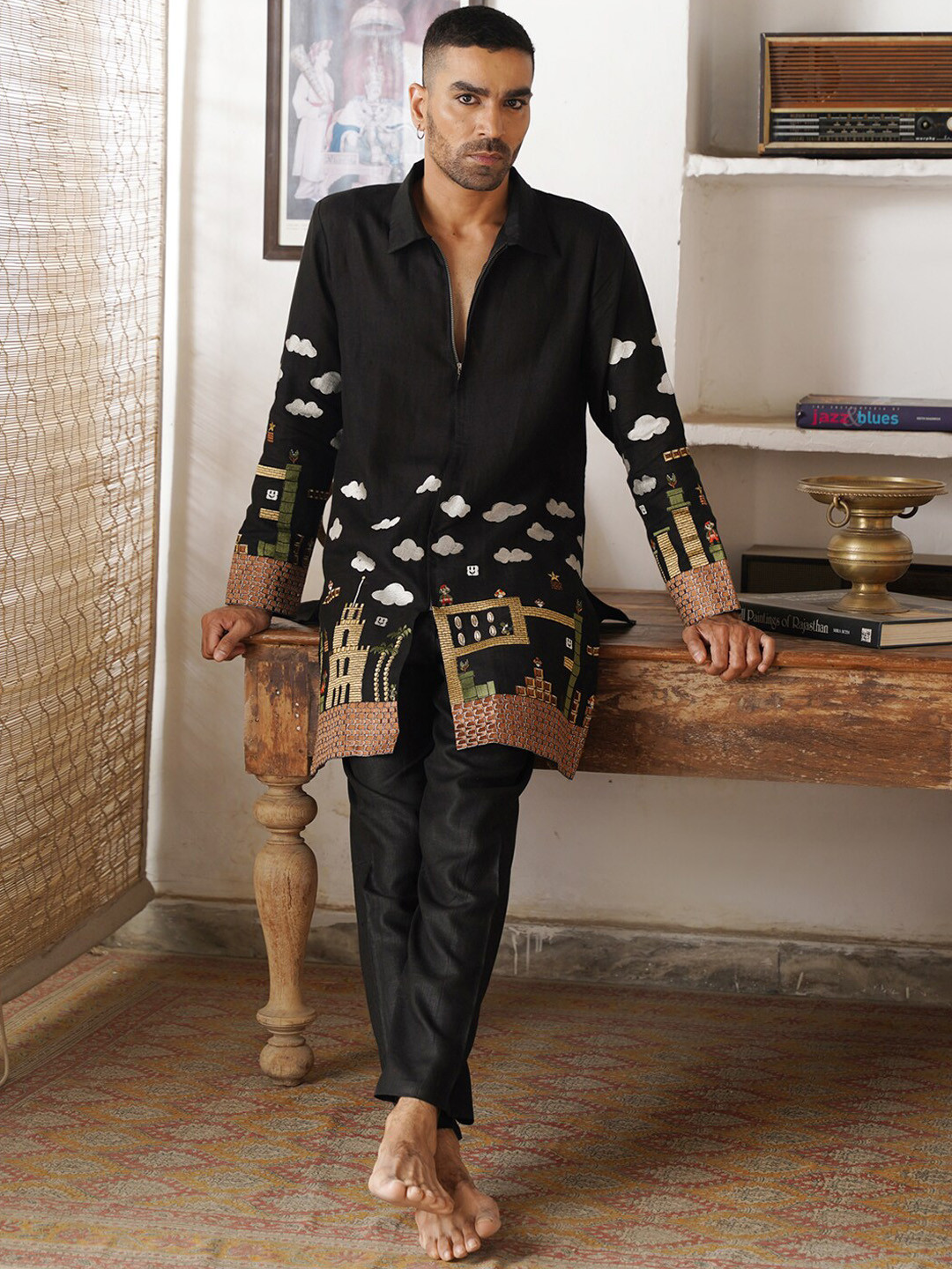 KALPRAAG Ethnic Motifs Embroidered Shirt Collar Thread Work Linen Kurta with Trousers