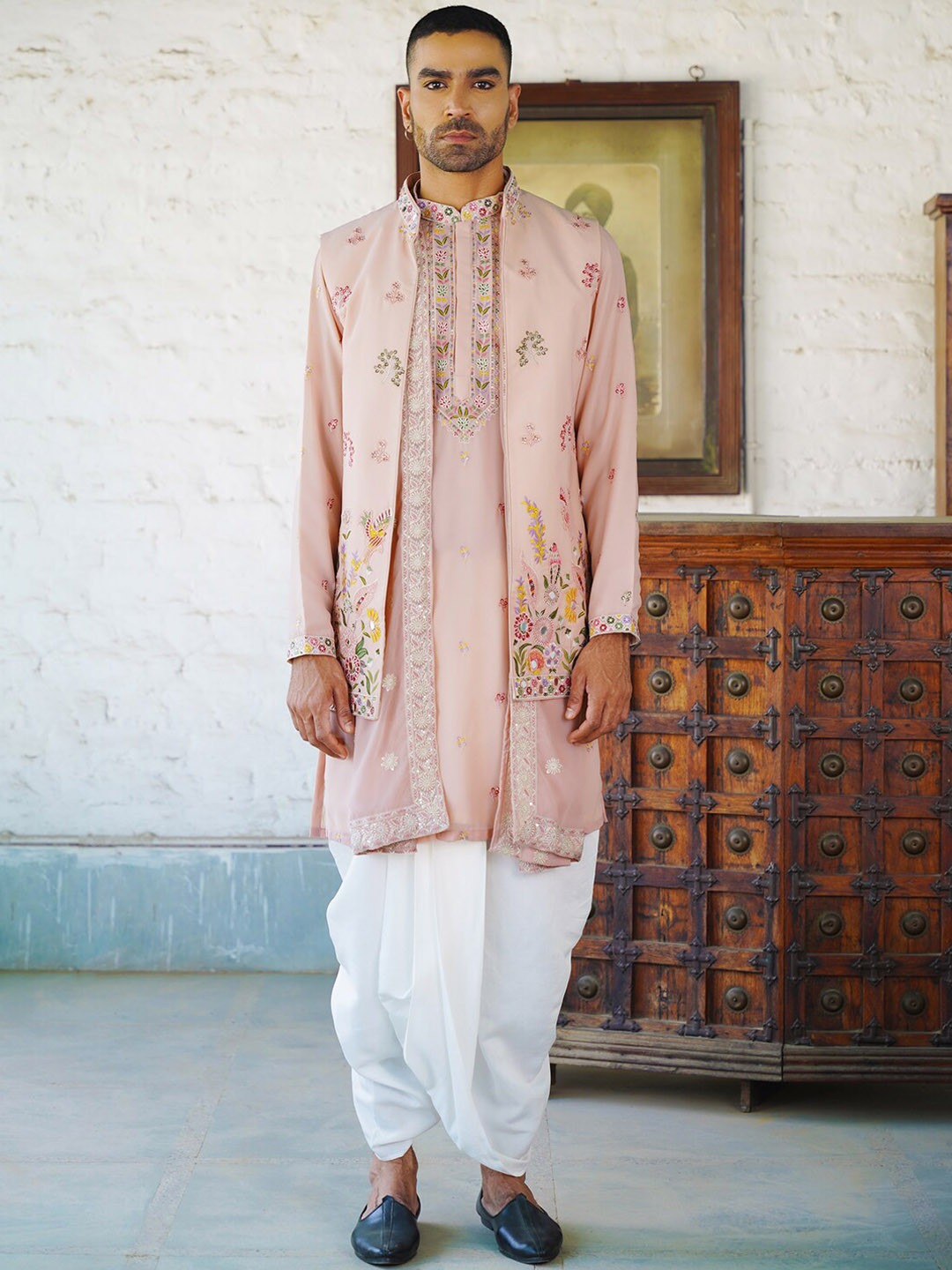 KALPRAAG Floral Embroidered Mirror Work Straight Kurta with Dhoti Pants & Dupatta