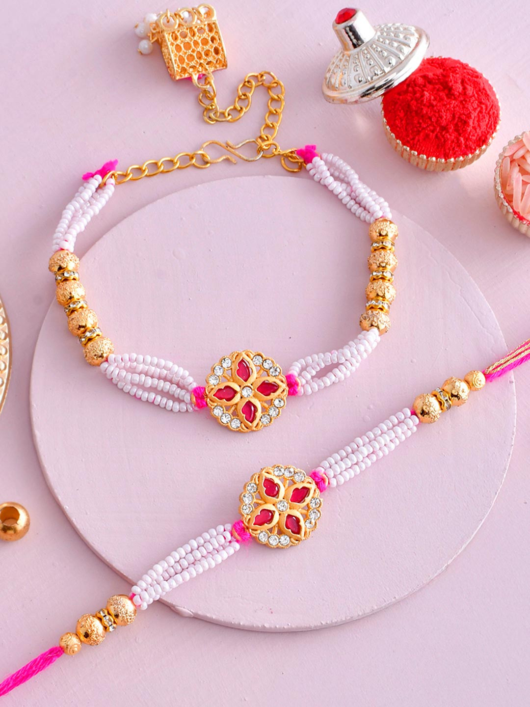 White Pearls And Golden Beads Bhaiya Bhabhi Lumba Rakhi