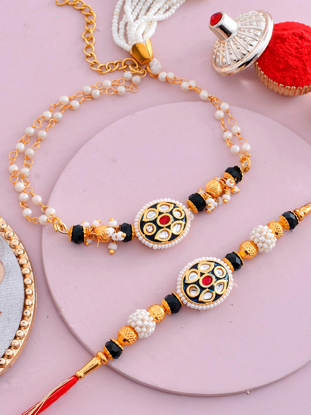White Pearls And Kundan Bhaiya Bhabhi Lumba Rakhi