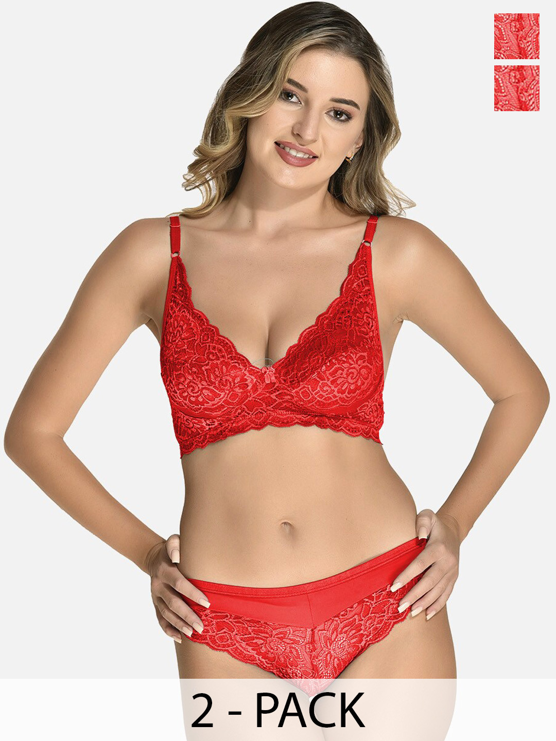 StyFun Pack Of 2 Lace Self Design Lingerie Set VM_Set_Blumer_Red_Cat_Red_B