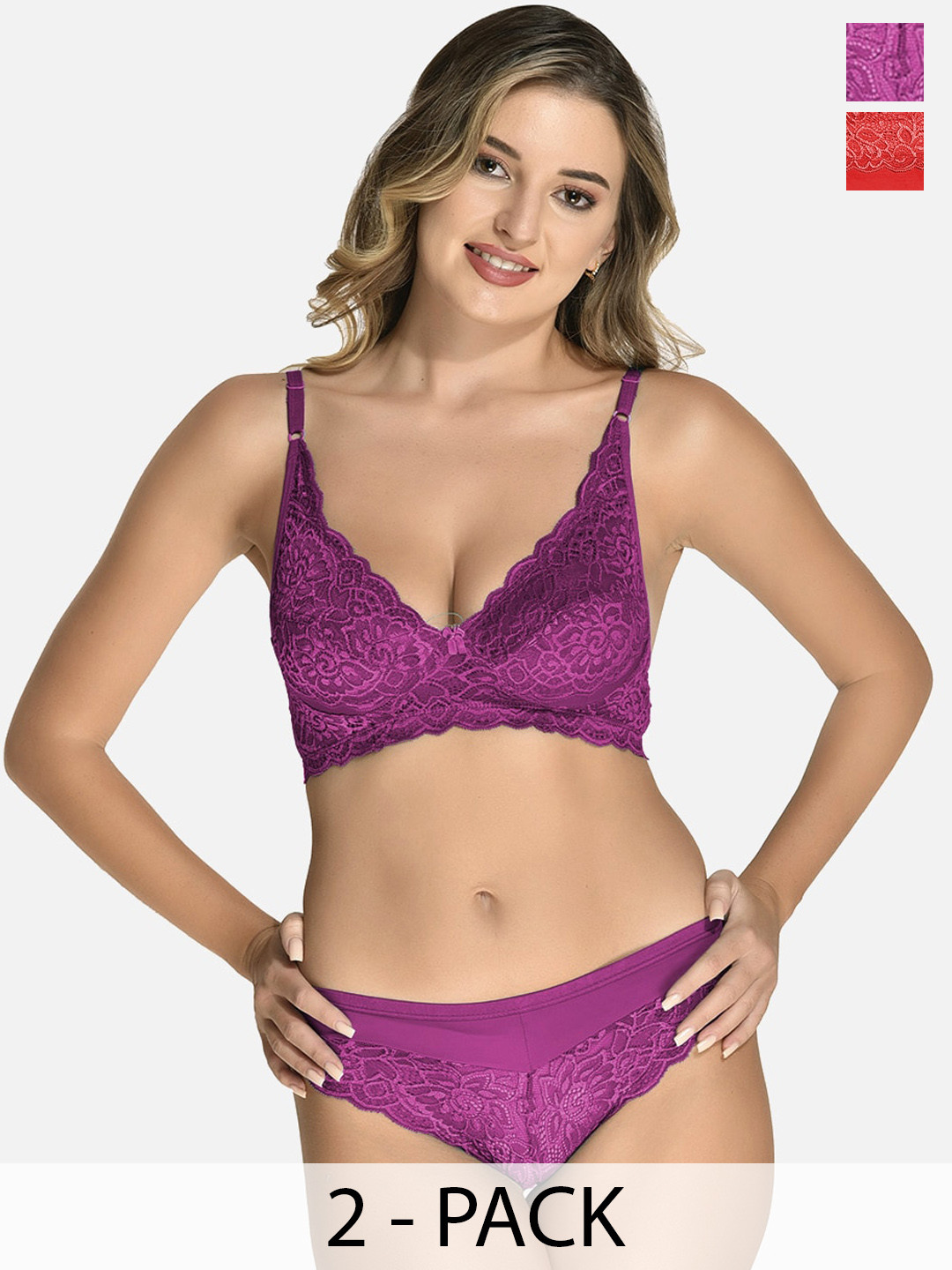 StyFun Pack Of 2 Lace Self Design Lingerie Set- VM_Set_Blumer_Purple_Cat_Red_B