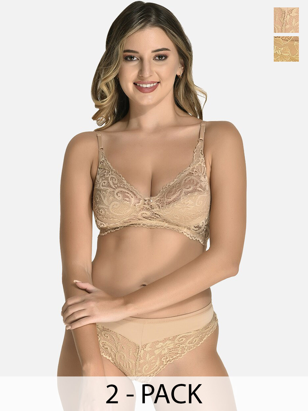 StyFun Pack Of 2 Lace Self Designed Lingerie Set-VM_Set_Blumer_Beige_Cat_Beige_B