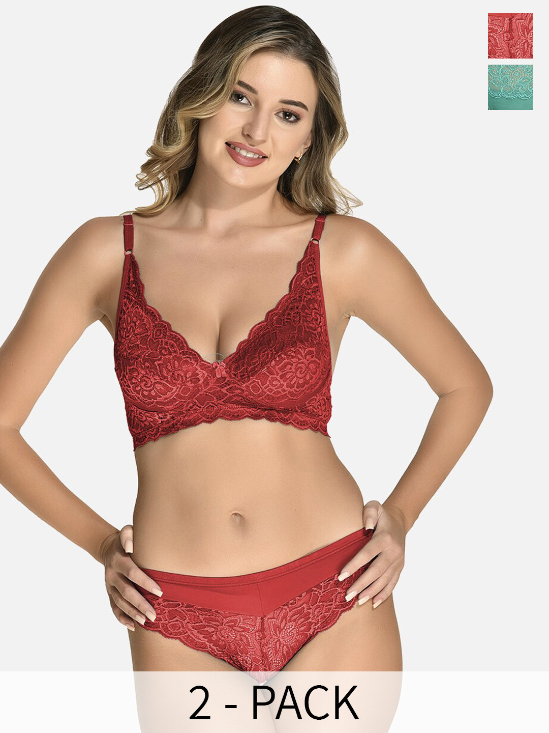 StyFun Pack Of 2 Bra Panty Lace Lingerie Set VM_Set_Blumer_Maroon_Cat_Green_B
