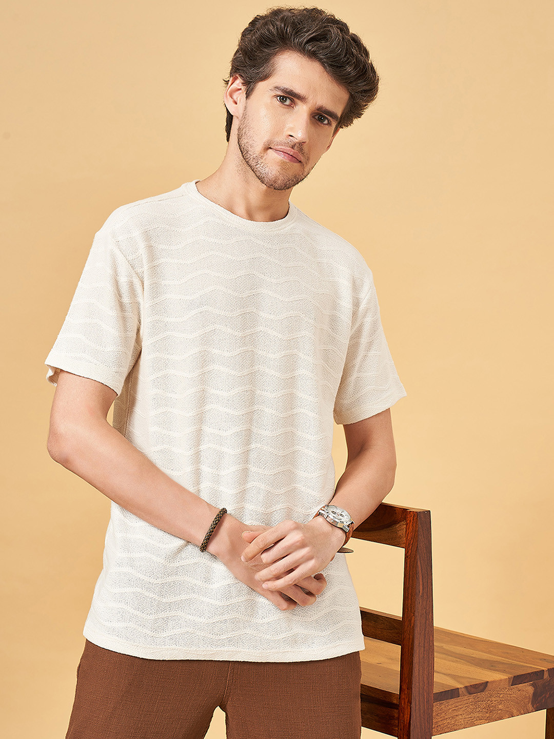 7 Alt by Pantaloons Round Neck Short Sleeve Self Design Relaxed Fit T-Shirt