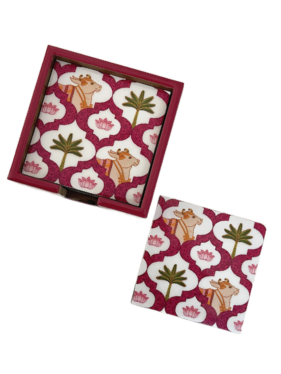MAATIR DESIGNS Pink & White 6 Pieces Printed Wooden Coasters