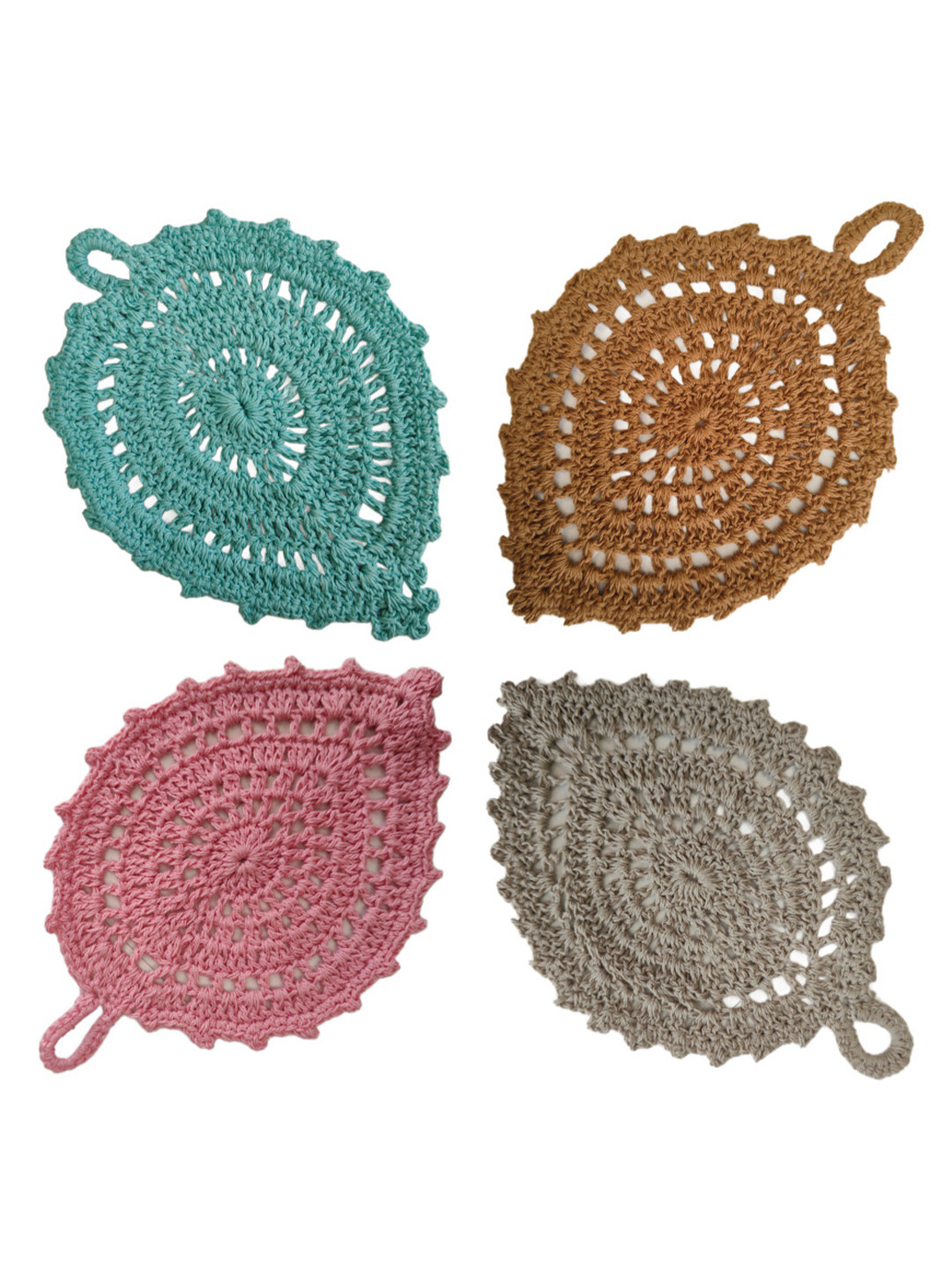 MAATIR DESIGNS Blue & Pink 4 Pieces Crocheted Cotton Yarn Leaf-Shaped Coasters