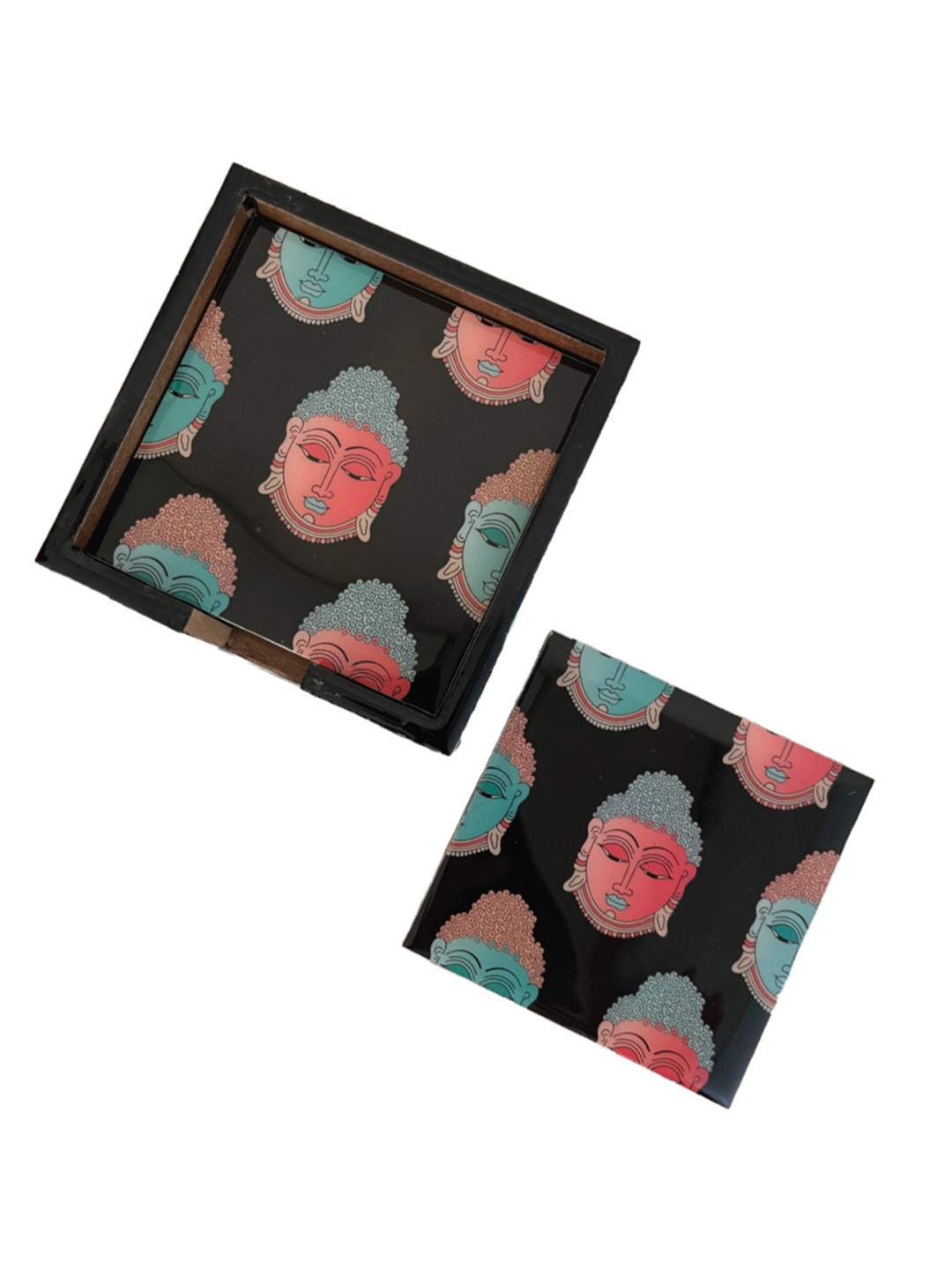 MAATIR DESIGNS Black & Orange 6 Pieces Graphic Buddha Art Printed Wooden Coasters