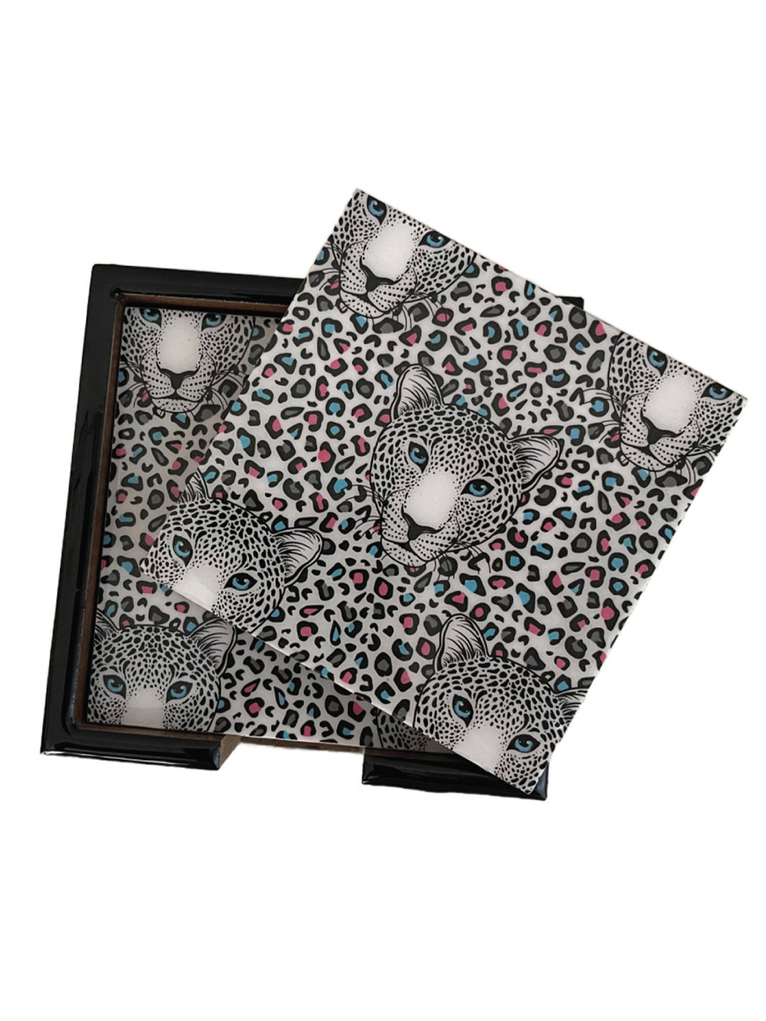 MAATIR DESIGNS White & Black 6 Pieces Graphic Leopard Art Printed Wooden Coasters