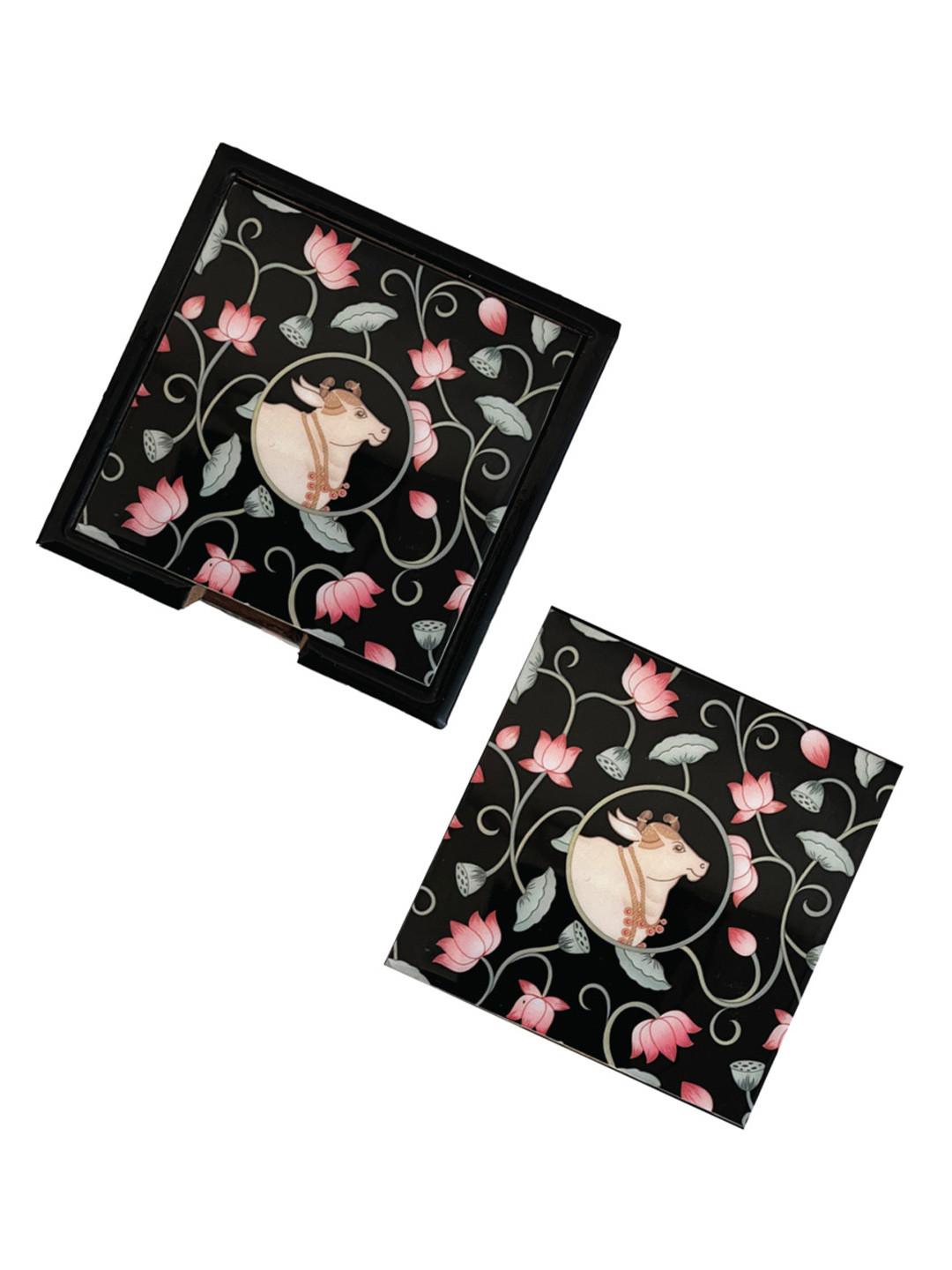 MAATIR DESIGNS Black & Pink 6 Pieces Pichwai Jaal Art Printed Wooden Coasters
