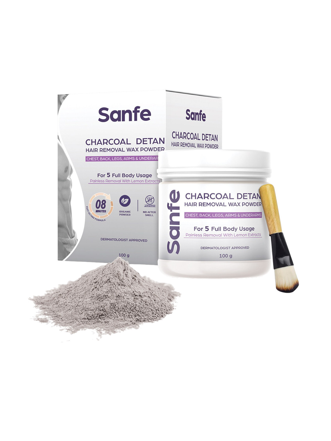 Sanfe Charcoal Detan 8 Minute Painless Hair Removal Wax Powder - 100gm