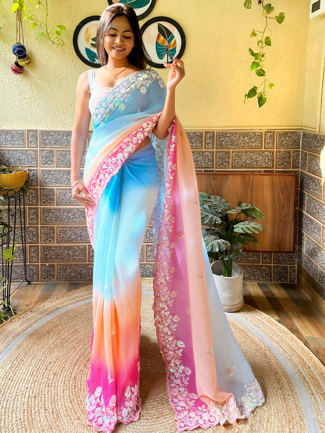Anouk Light Blue Floral Embellished Sequinned Pure Georgette Saree