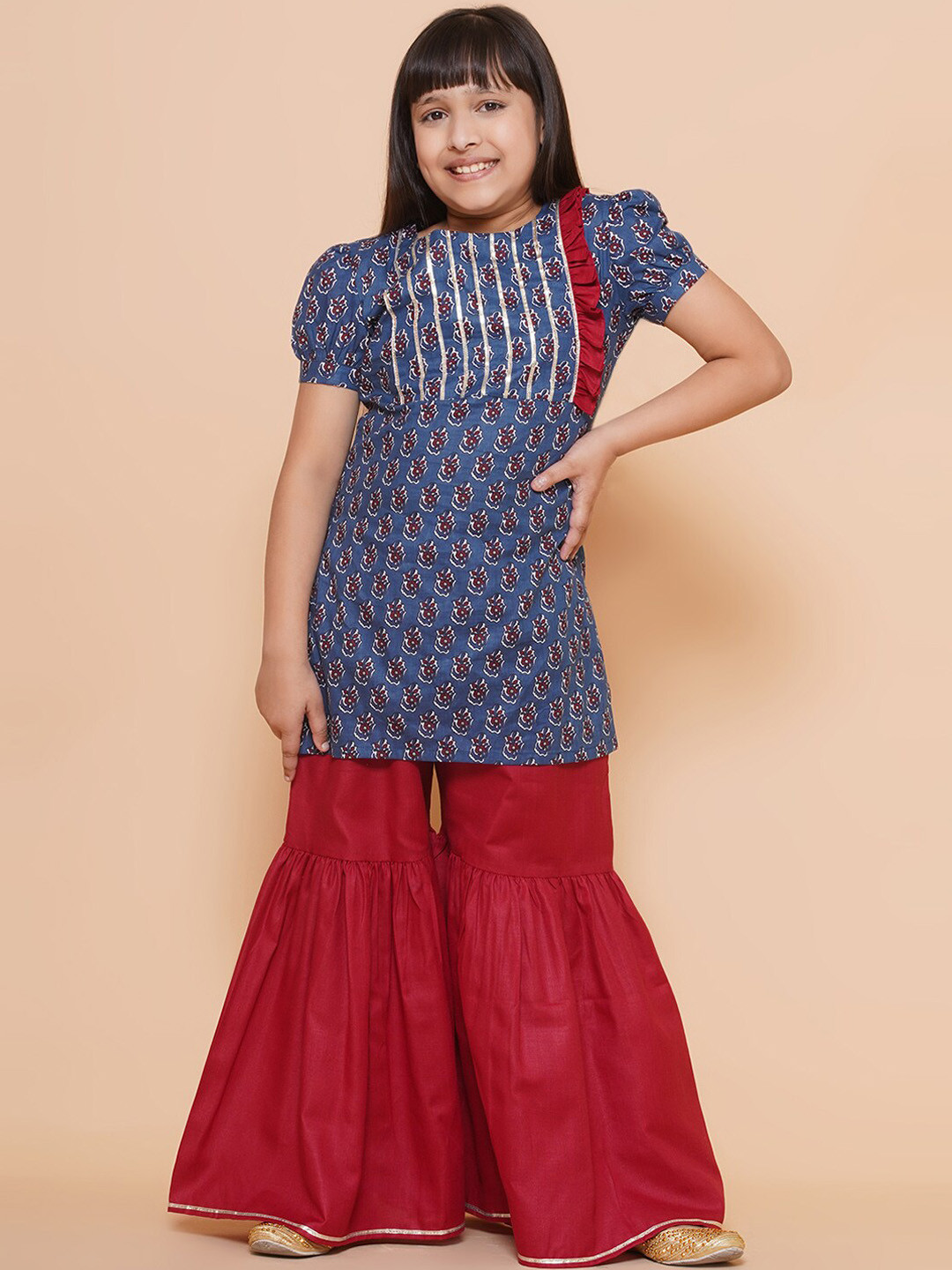 Modish Couture Girls Floral Printed Regular Gotta Patti Pure Cotton Kurta with Sharara