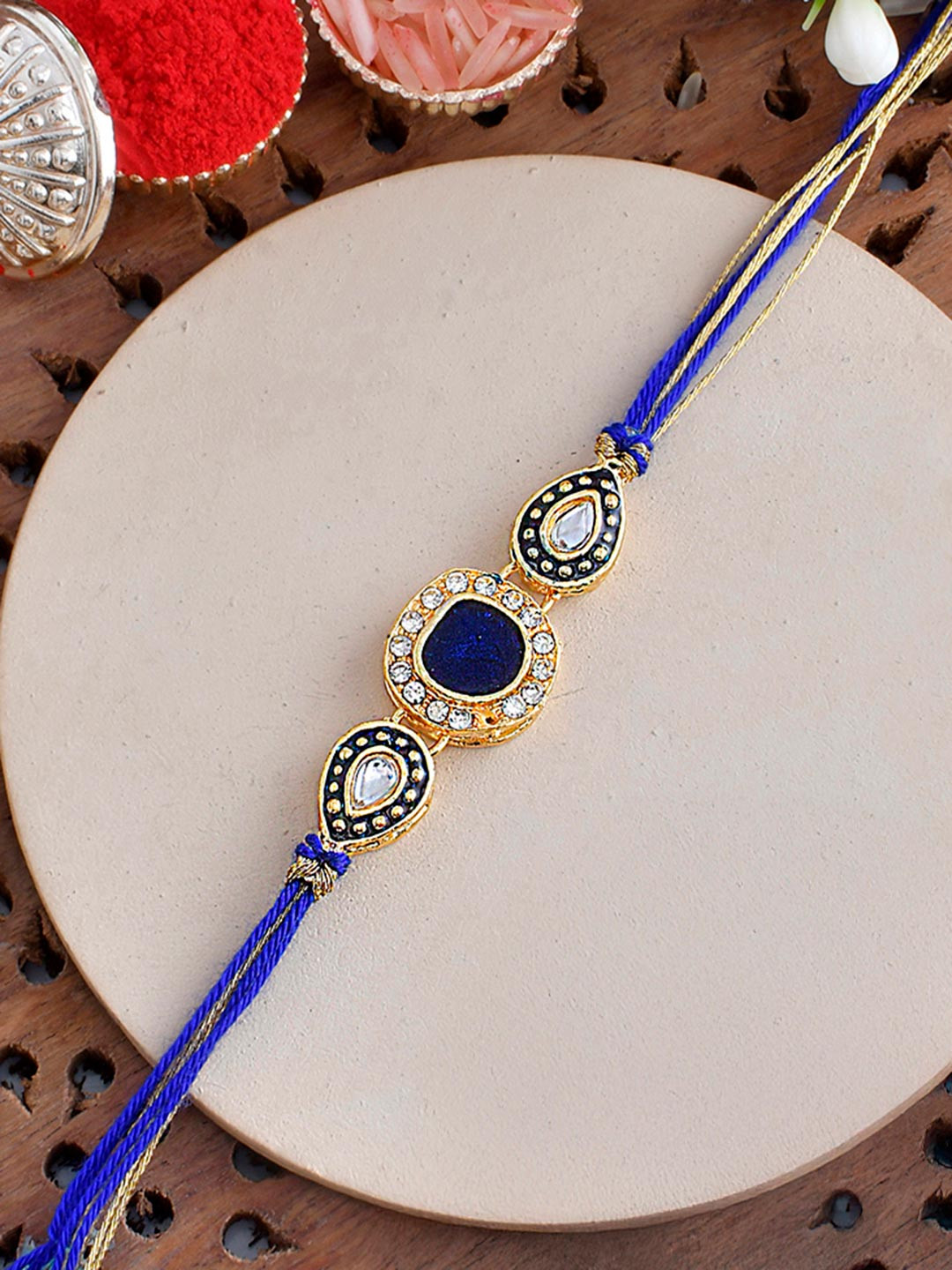 Faux Kundan Gems Blue And Gold Thread Rakhi For Brother