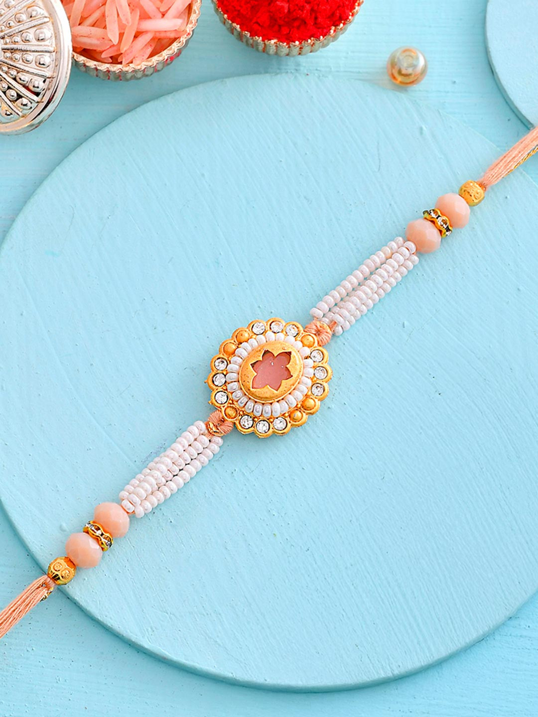 White Pearls And Red Gems Mens Rakhi For Brother