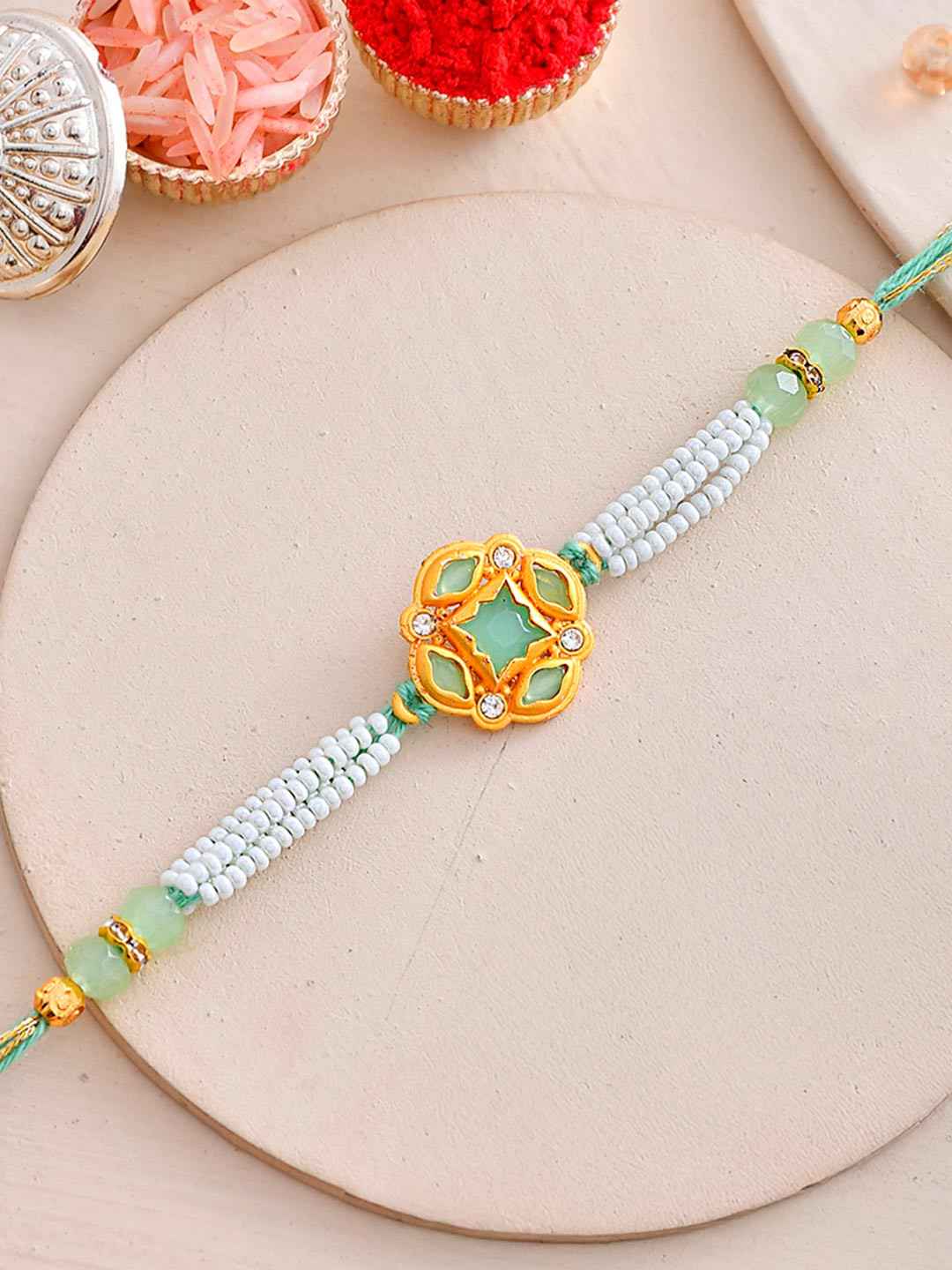 White Pearls And Green Beads Mens Rakhi For Brother