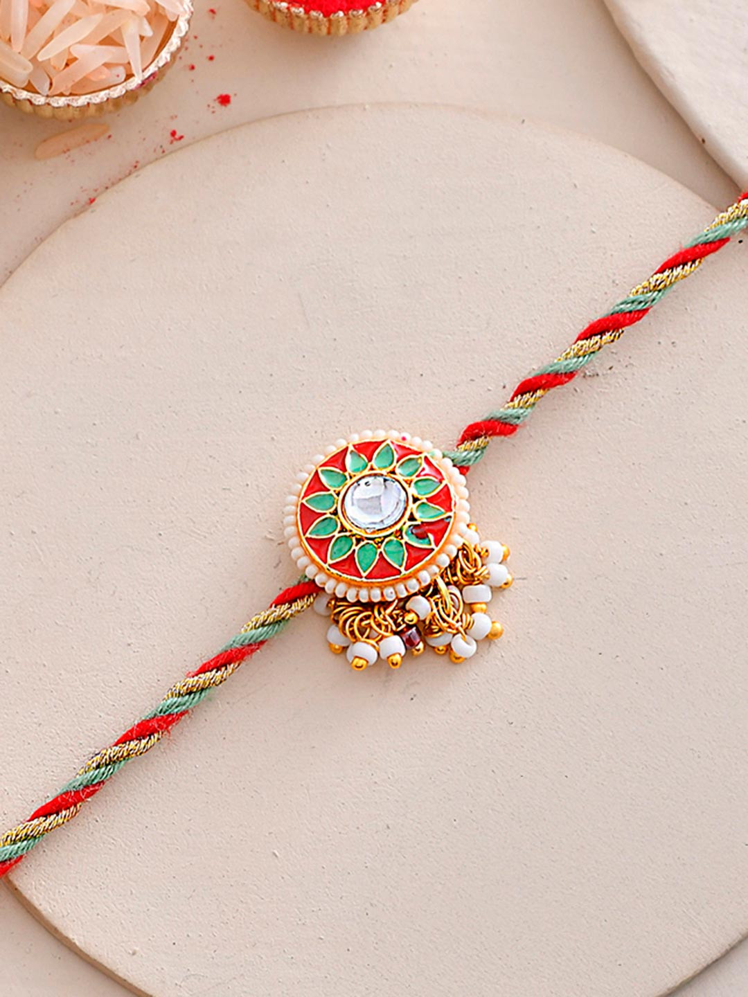 Faux Kundan And White Pearls Thread Rakhi For Brother