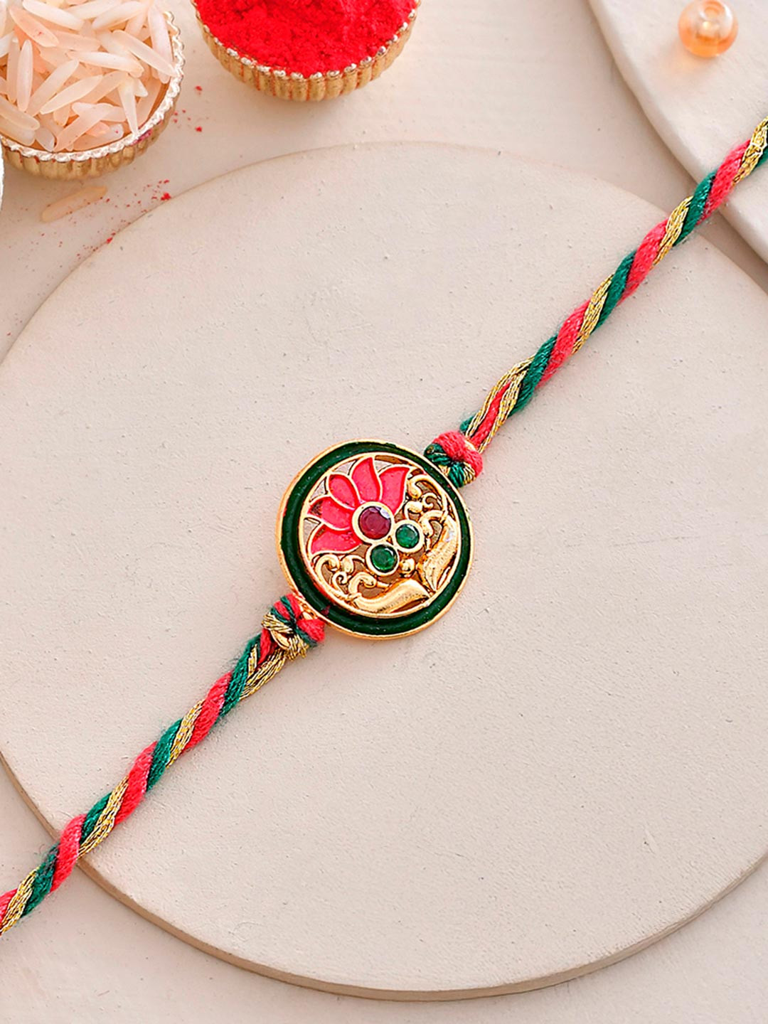 Floral Motif Enamelled Beaded Thread Rakhi For Brother