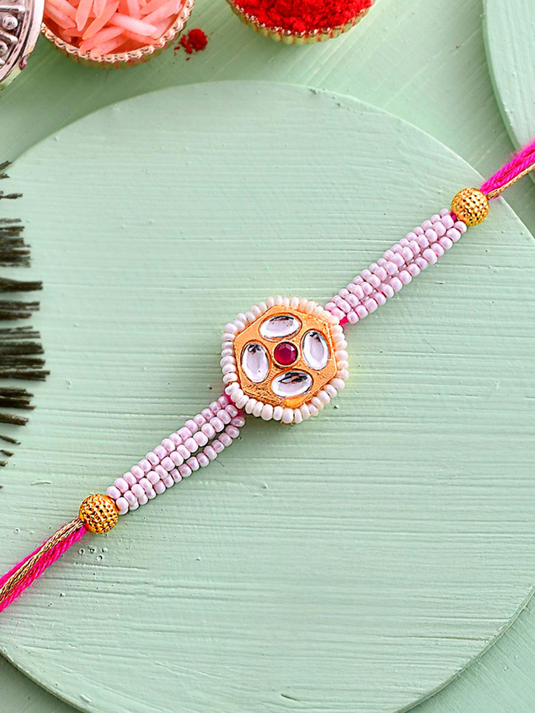 Faux Kundan And White Pearls Thread Rakhi For Brother